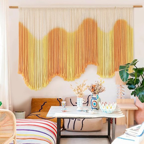 Anthropologie Large Yellow Dip-Dyed Macrame Modern Fiber Art Boho Wall Hanging - Picture 4 of 7